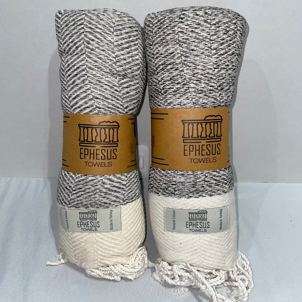 Ephesus Towels Set of 2 Turkish Hand Towels 18x30 Herringbone Beige Cotton Boho